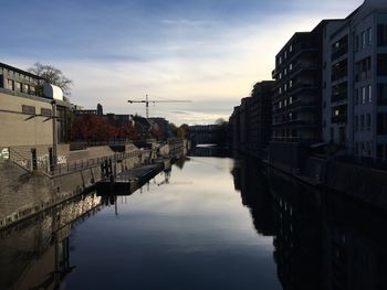 Canal amidst buildings in city against sky during sunset