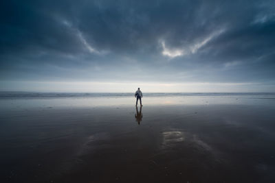 Rear view of man on beach against sky