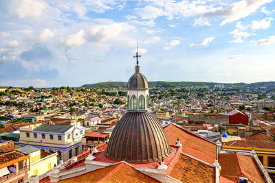 High angle view of townscape against sky in city