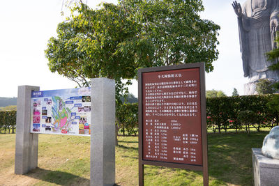 Information sign by tree in city against sky