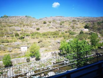 Scenic view of mountains against blue sky