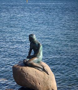 Statue of rock sitting by sea