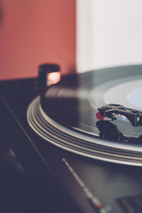 Close-up of record on turntable