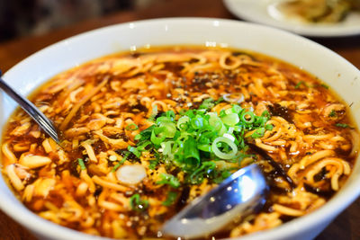 Close-up of soup served in bowl