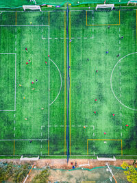 High angle view of soccer field