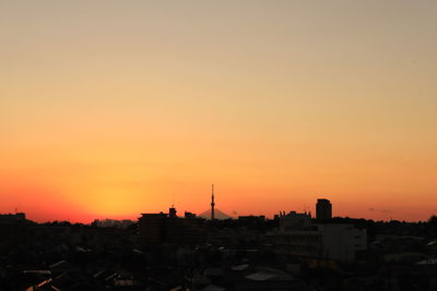 Buildings in city during sunset