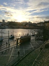 High angle view of bridge over river at sunset