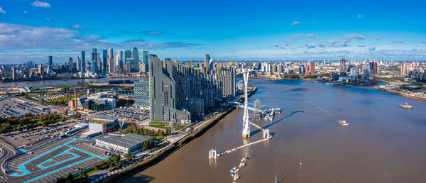 Aerial view of emirates air line cable cars in london, uk.