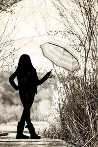 Full length of woman with umbrella standing by tree
