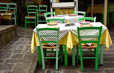 Empty chairs and tables at restaurant