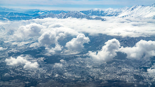 Aerial view of snowcapped mountains against sky