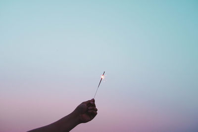 Cropped hand of person holding sparkler against sky at dusk