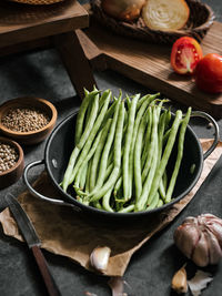 Selective focus of buncis or fresh raw string bean or french beans. in indonesia it called buncis