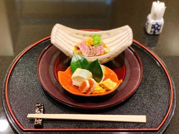 Close-up of food in plate on table