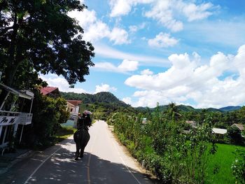 Rear view of man walking amidst plants against sky