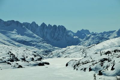 Scenic view of snowcapped mountains against clear sky