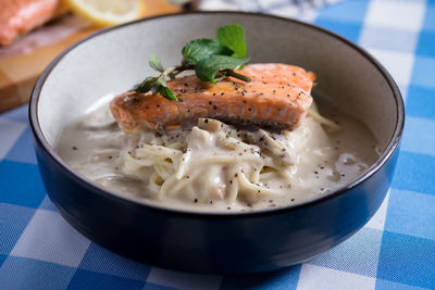 Close-up of meal served in bowl on table