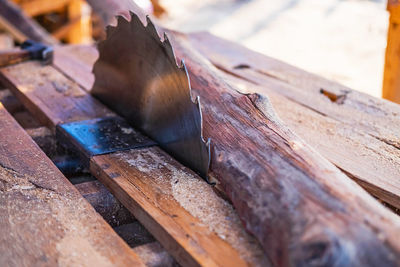 High angle view of wood on table