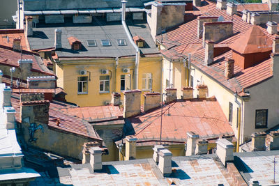 High angle view of houses in town