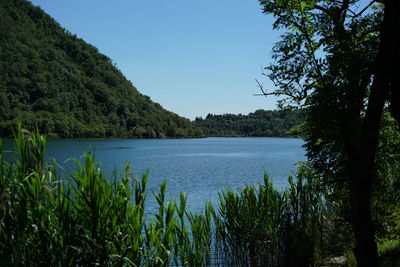 Scenic view of lake and green mountain against clear sky