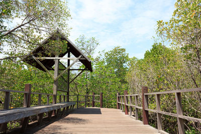 Footbridge amidst trees in forest against sky