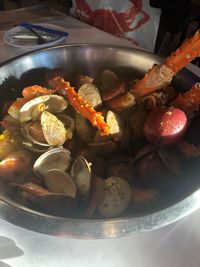 High angle view of seafood in plate on table