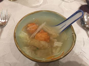 High angle view of soup in bowl on table