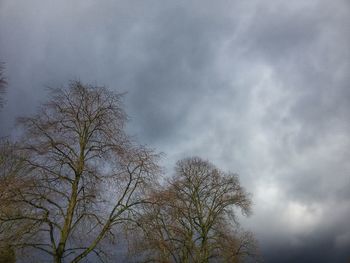 Low angle view of bare tree against cloudy sky