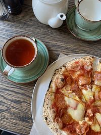 High angle view of breakfast served on table