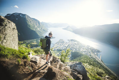 View of female hiker at summer