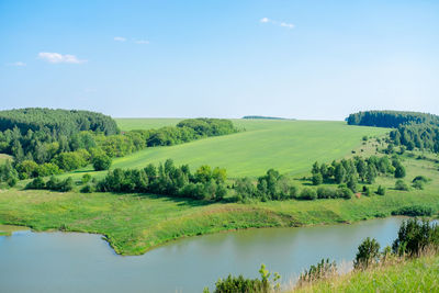 Beautiful summer landscape forests on the hill and lakes. summer green countryside nature landscape