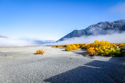 Scenic view of land against blue sky