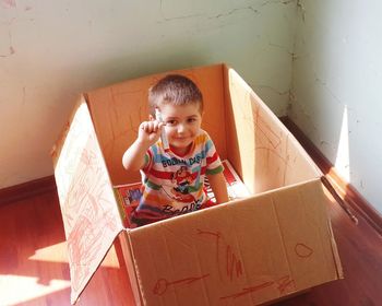 Portrait of happy boy sitting in box at home