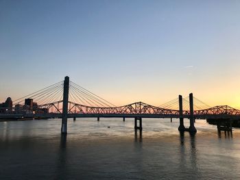 View of suspension bridge in city at sunset