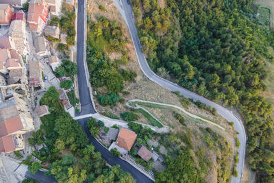 High angle view of road amidst trees