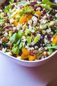 High angle view of chopped fruits in bowl