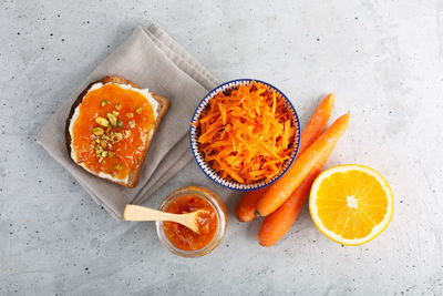 High angle view of orange fruits on table