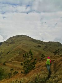 Rear view of person walking on landscape against sky