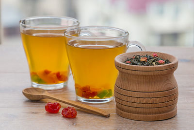 Food and drink in containers on table