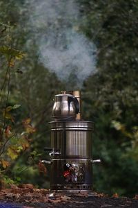 Camping stove against trees