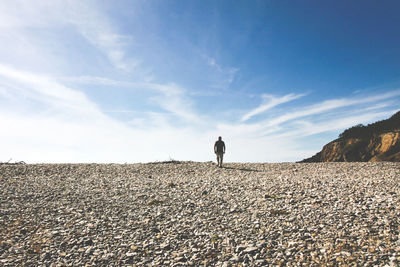 Rear view of man standing on field against sky