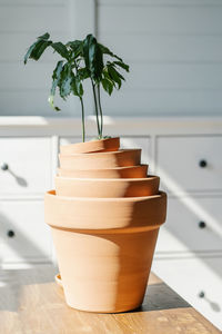 A stack of terracotta pots on the background of the interior.