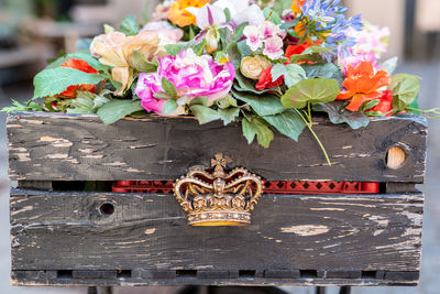 Close-up of various flowers on wood