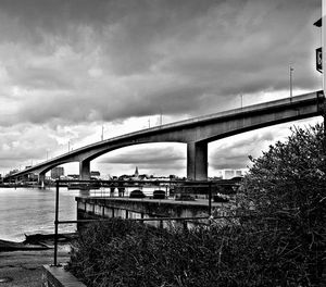 Low angle view of bridge over river against cloudy sky in city