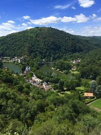 Scenic view of the old village and rivers in the hills against sky