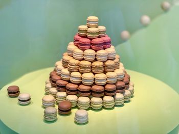 High angle view of macarons in a shop window