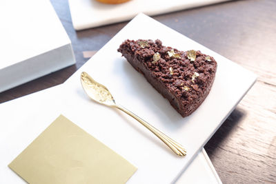 High angle view of dessert in plate on table