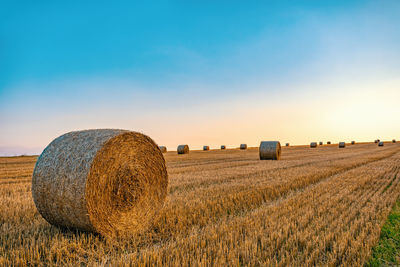 Hay bales on field against sky