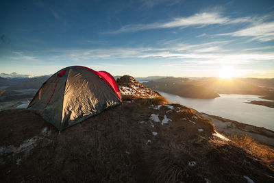 Scenic view of mountain against sky during sunset