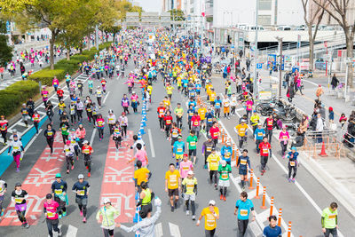 High angle view of people on city street